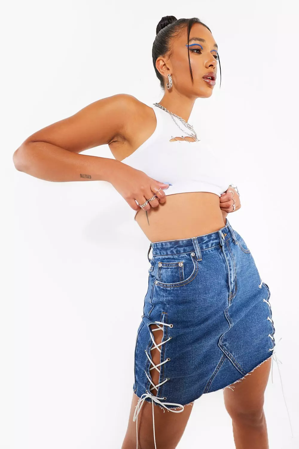 Missguided lace up denim deals skirt